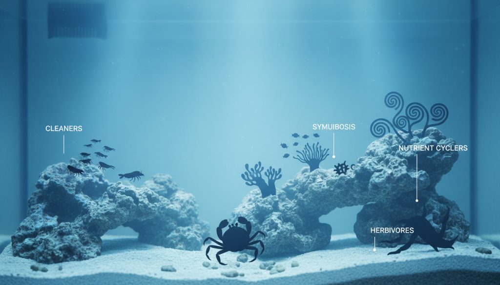 Conceptual illustration representing the role of a clean-up crew in maintaining a healthy reef aquarium.