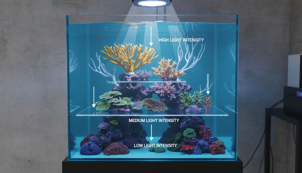 Simplified light spectrum illustration highlighting blue and violet wavelengths used in reef aquarium lighting.