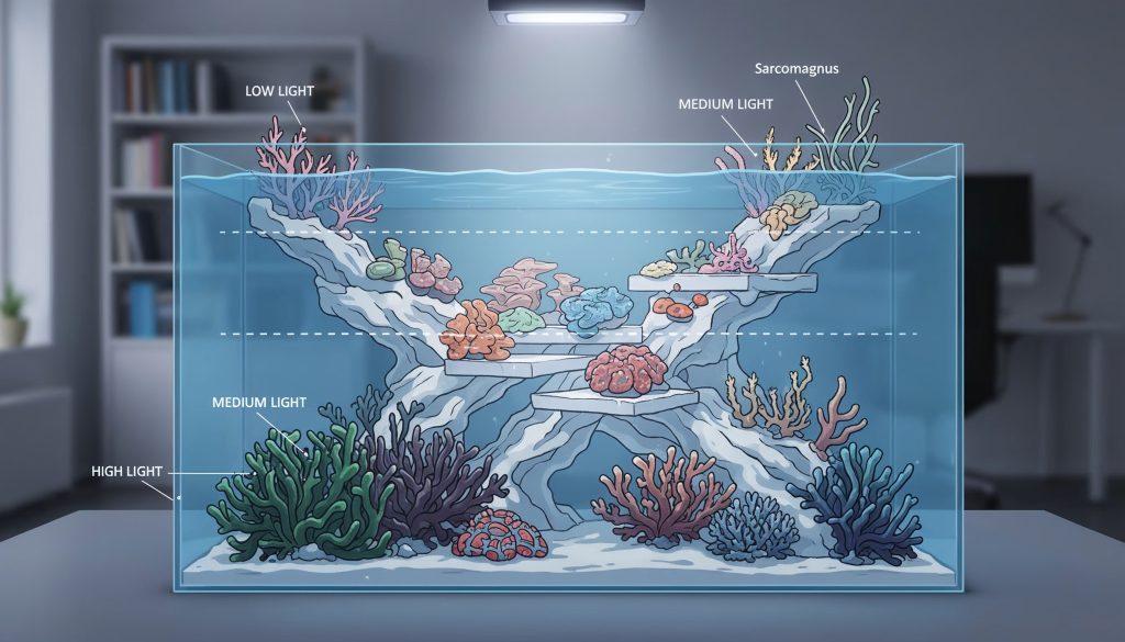 Illustration showing coral placement at different heights in a reef tank to match lighting intensity.