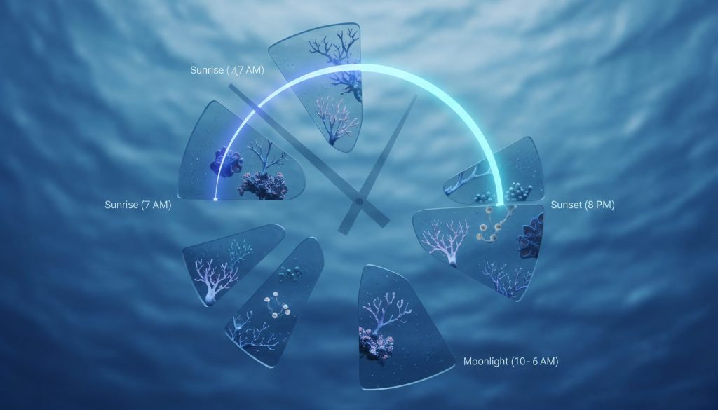 Conceptual illustration representing a consistent reef tank lighting schedule and photoperiod.