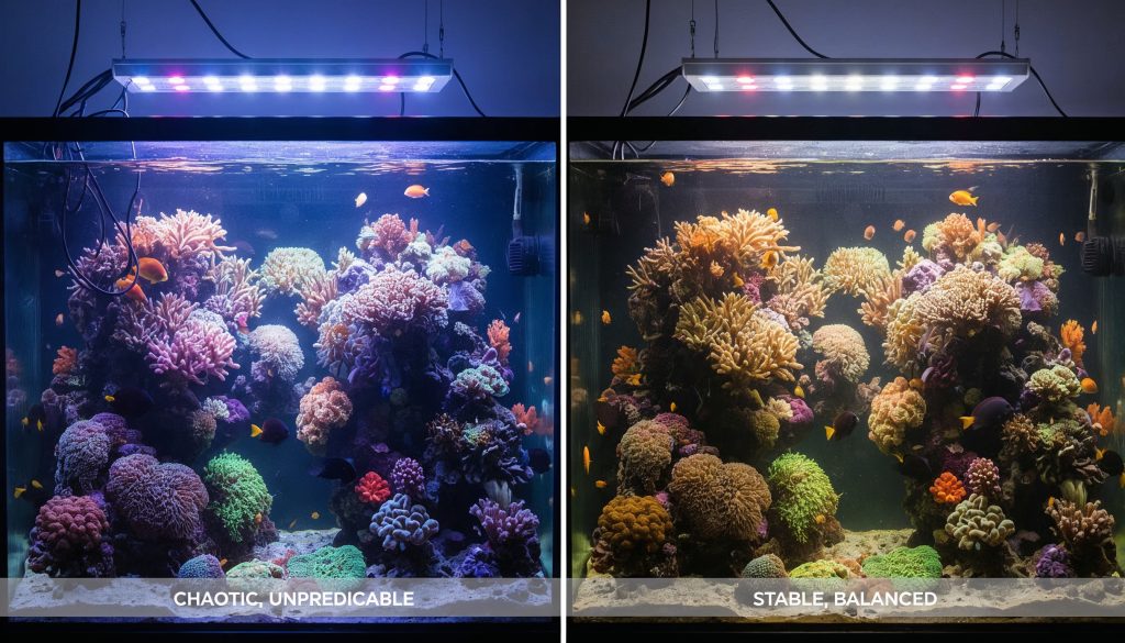 Conceptual comparison illustrating unstable versus balanced reef tank lighting conditions.