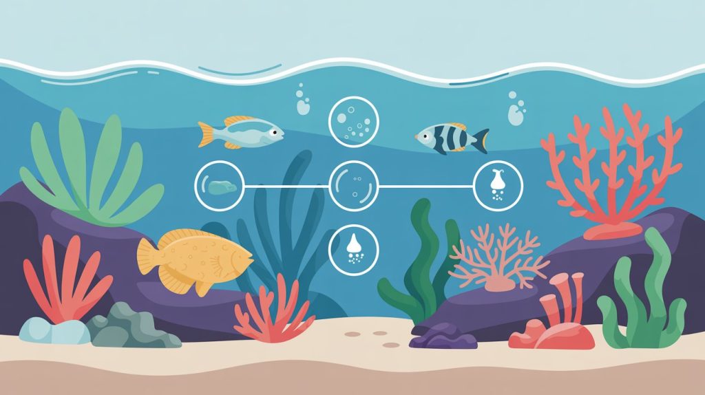 Conceptual illustration representing balanced water chemistry in a reef aquarium ecosystem.