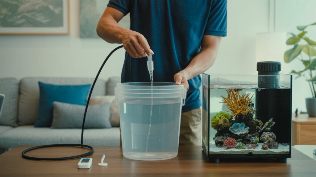 Reef tank water change being performed during cycling after nitrate becomes detectable.
