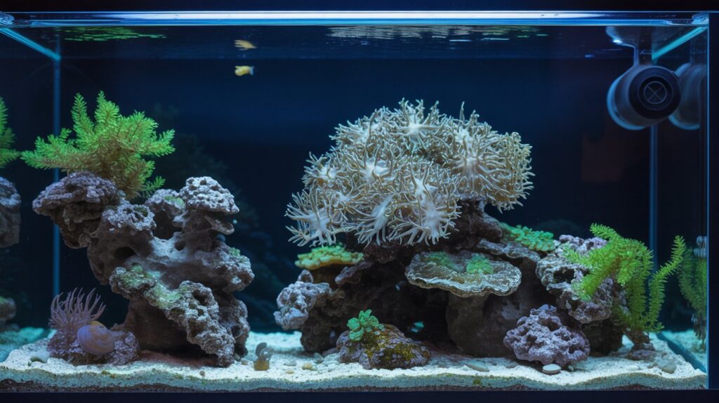 Maturing reef tank with early livestock like a snail and small beginner-friendly corals under blue lighting.
