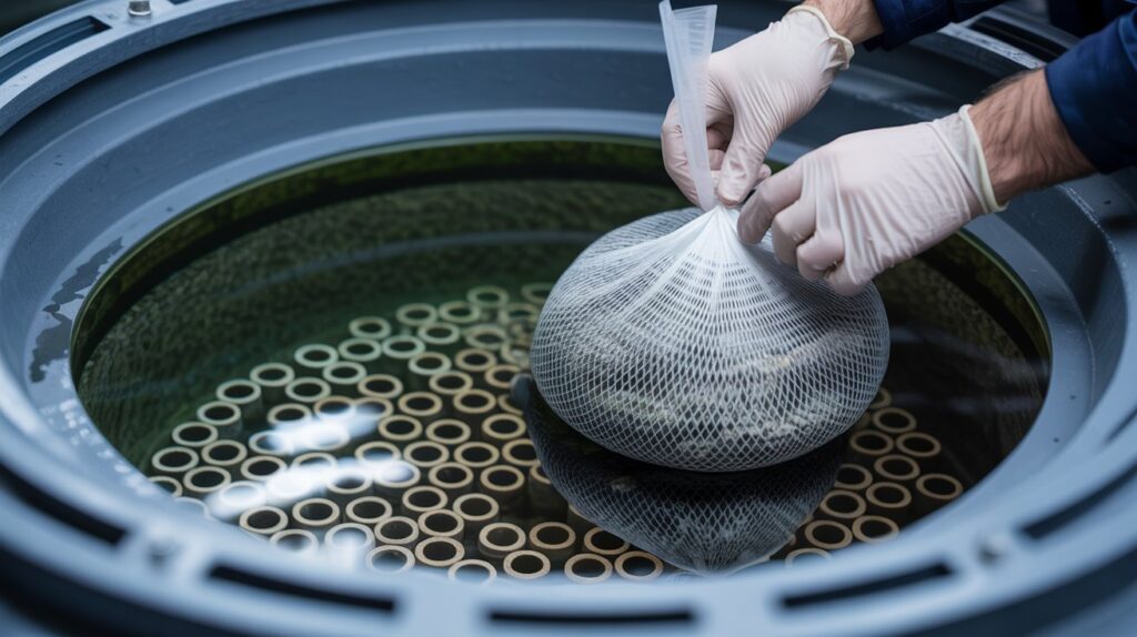 Bio-media being added to a sump to help seed beneficial bacteria and support faster cycling.
