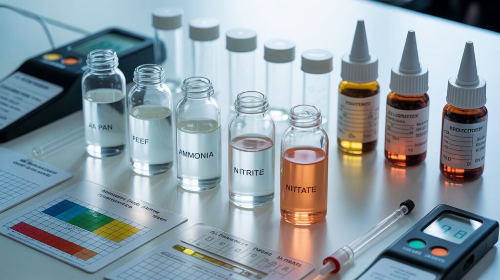 Reef tank test vials and tools used to confirm ammonia and nitrite are zero and nitrate is present.
