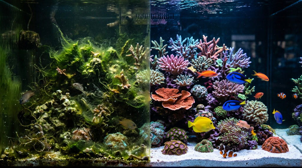 Reef aquarium showing contrast between algae-covered rocks and a clean healthy reef tank.