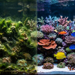 Reef aquarium showing contrast between algae-covered rocks and a clean healthy reef tank.