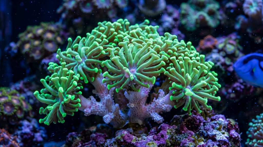 Green hammer coral colony with tentacles swaying in reef tank water flow.