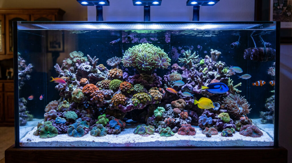 Reef aquarium showing different coral species placed at various heights on rock structures.