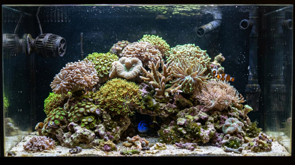 Overcrowded coral placement in a reef aquarium illustrating a common beginner mistake.