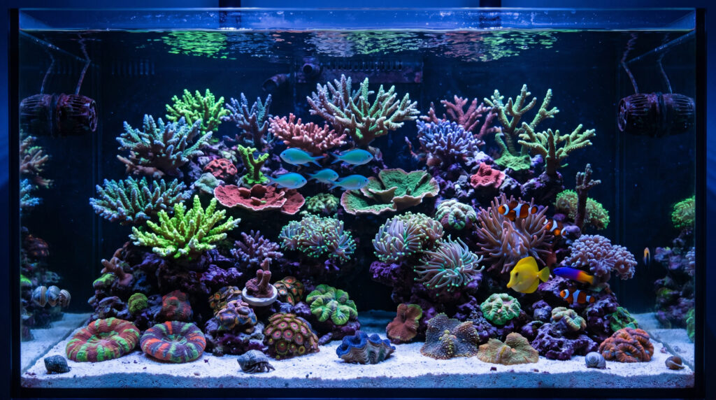 Reef tank showing different coral placements at top, middle and bottom zones.