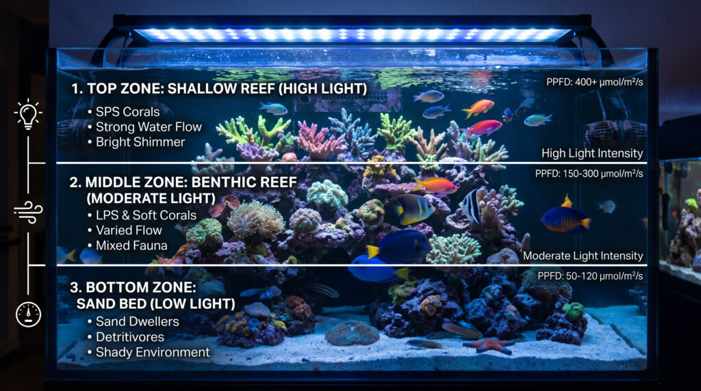 Reef tank showing different coral conditions based on placement and environment.