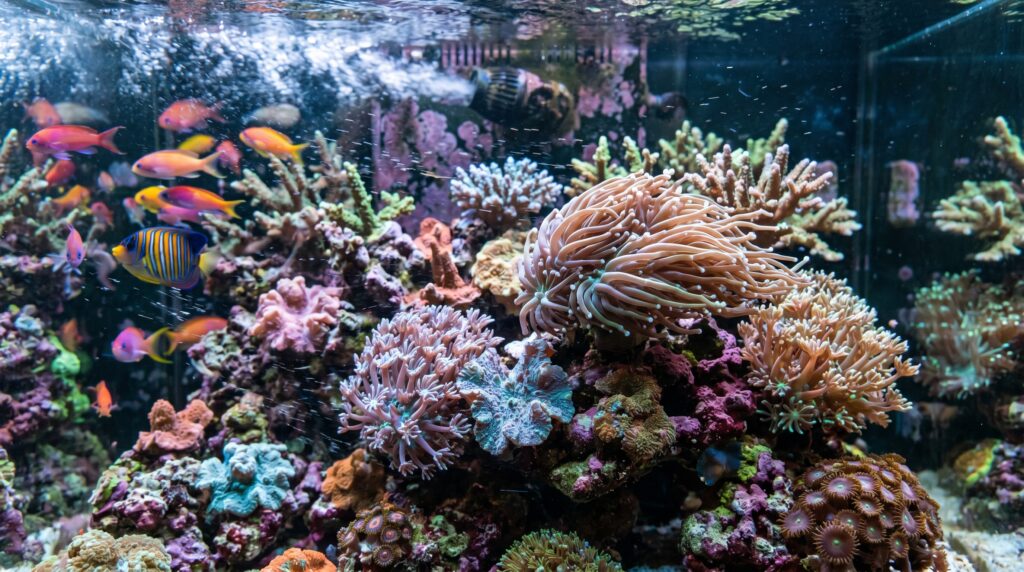 Reef tank showing coral placement based on different lighting intensity levels.