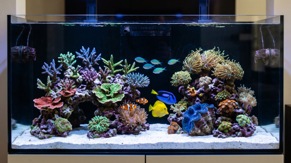 Corals reacting to water flow movement in a reef aquarium.