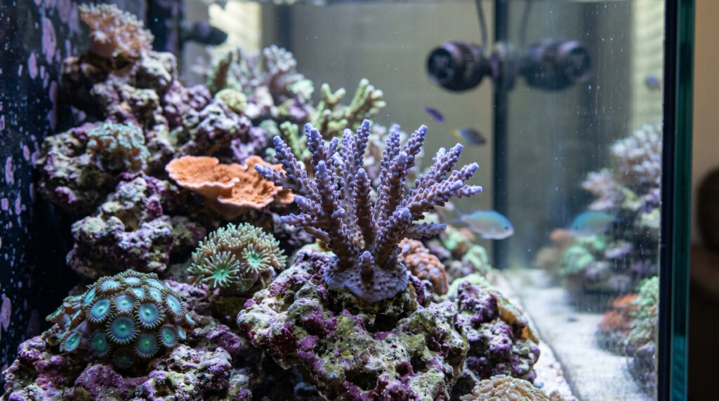 Reef tank with properly spaced corals allowing room for growth and expansion.
