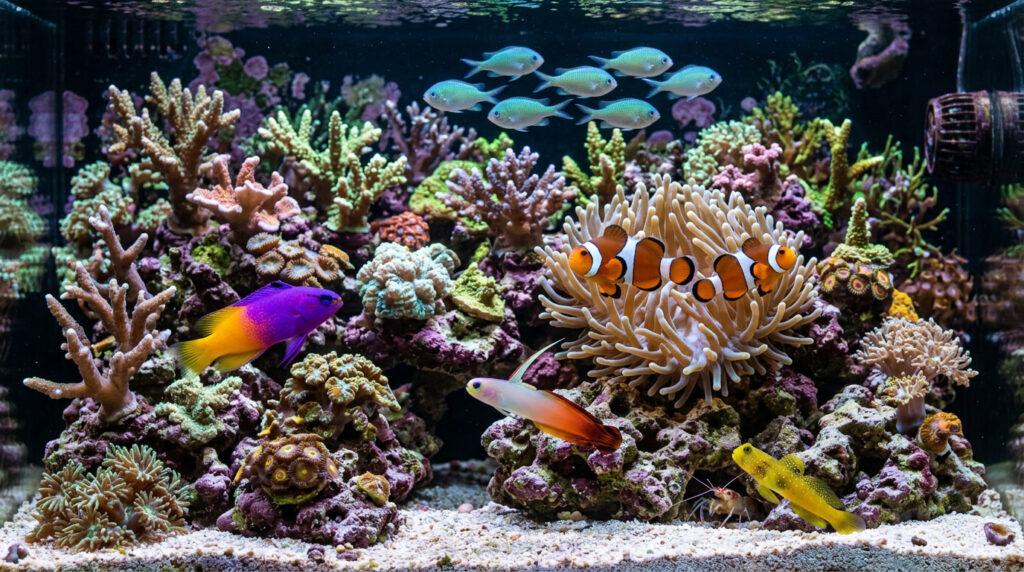 Peaceful beginner reef fish swimming together in a healthy community reef tank.