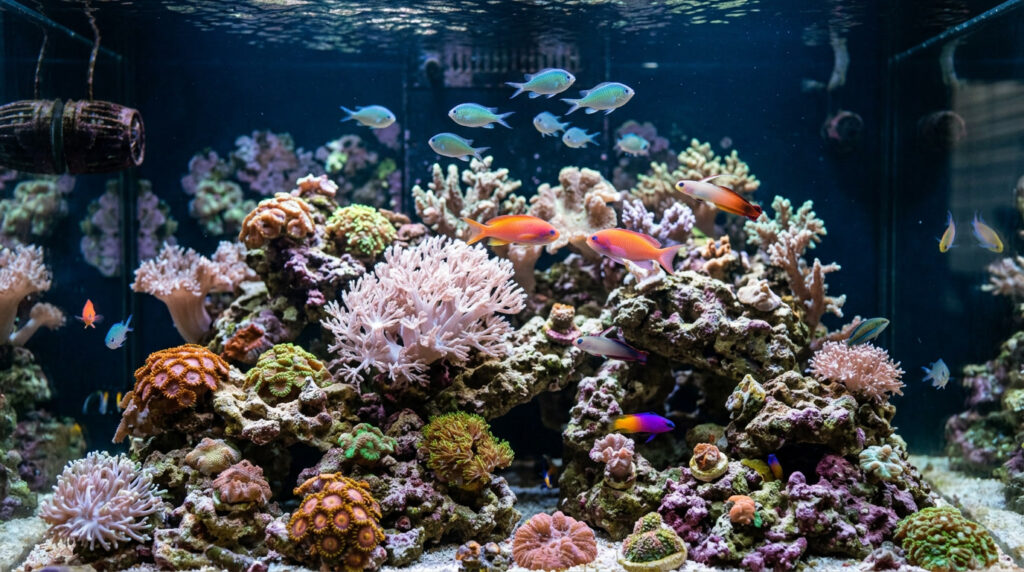 Small peaceful reef fish swimming naturally inside a community reef aquarium.