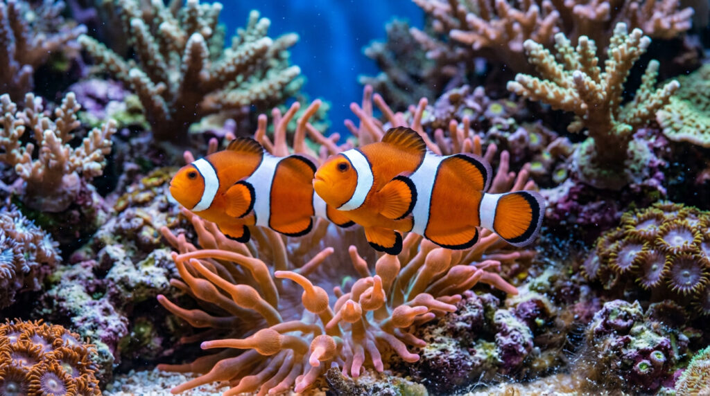 Pair of ocellaris clownfish swimming in a reef aquarium near corals.