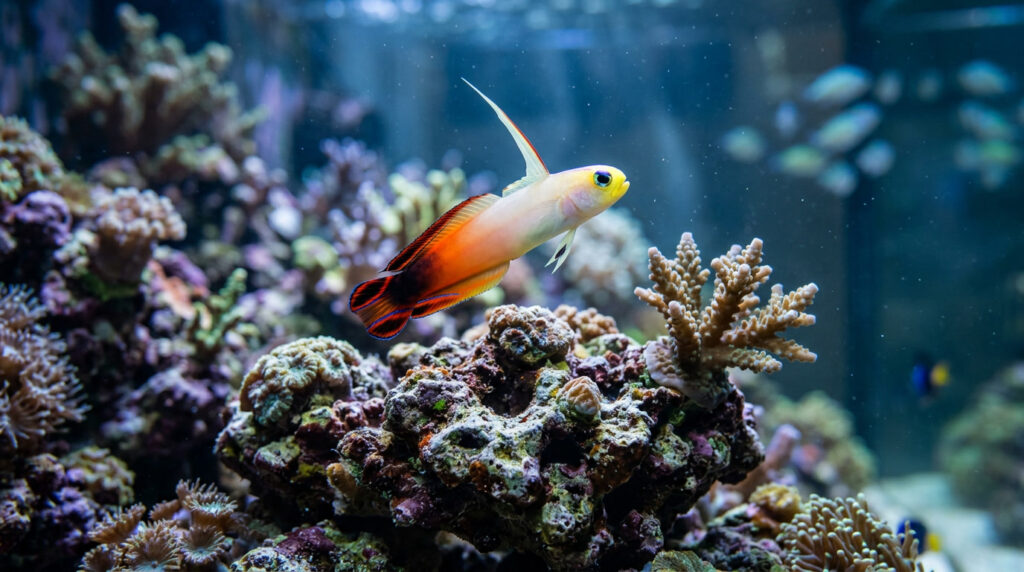 Firefish hovering calmly above live rock in a reef aquarium.