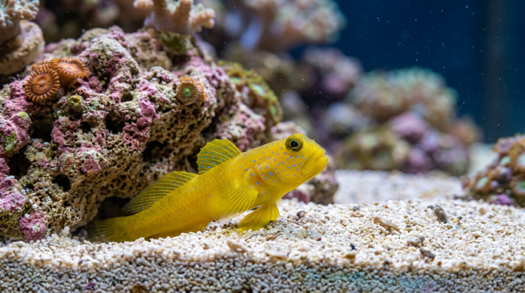 Yellow watchman goby resting on sand inside a reef aquarium.
