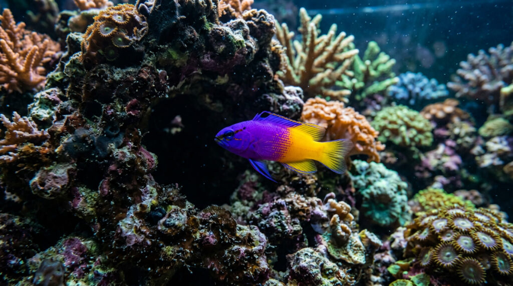 Royal gramma fish swimming near rock cave in a reef tank.