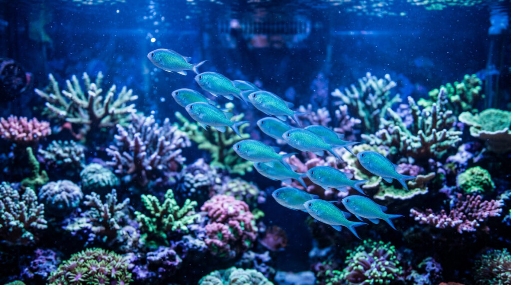 Blue-green chromis swimming together in a reef aquarium community tank.