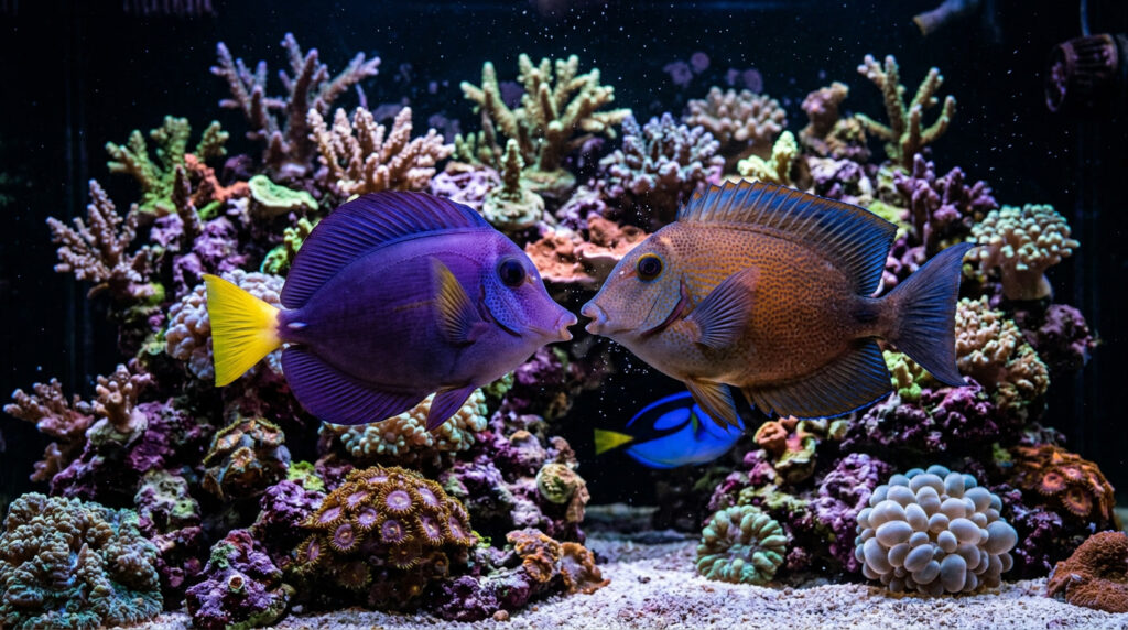 Aggressive reef fish displaying territorial behaviour inside a marine aquarium.