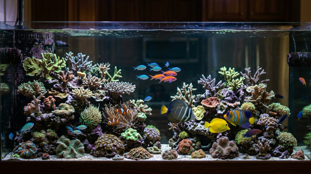 Balanced reef aquarium with peaceful beginner-friendly fish stocking.