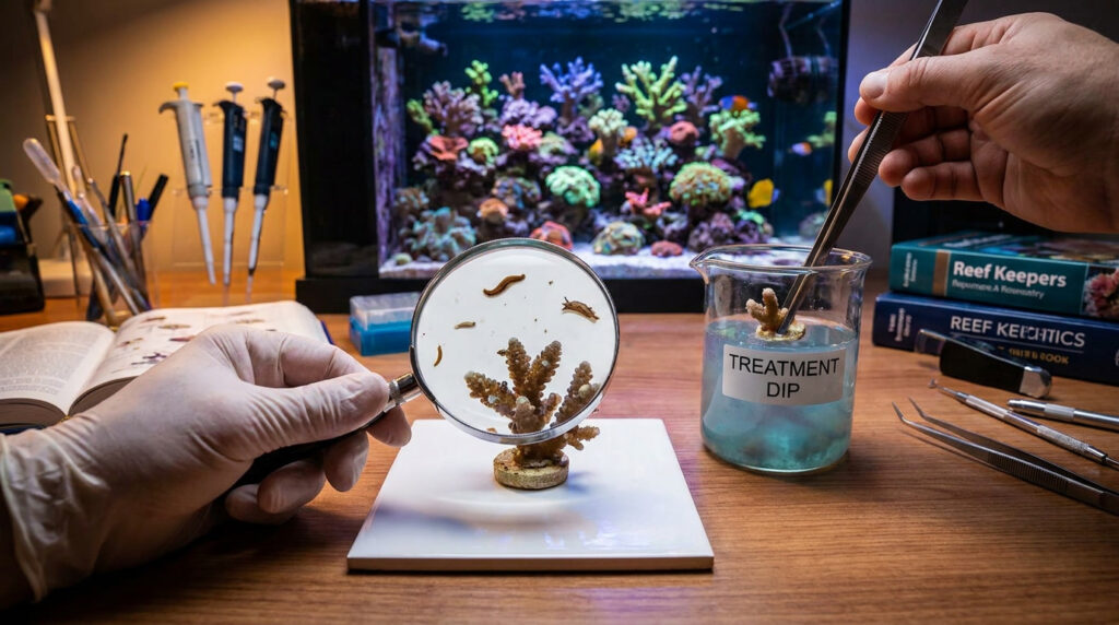 Coral frag being dipped and inspected before entering a reef aquarium.