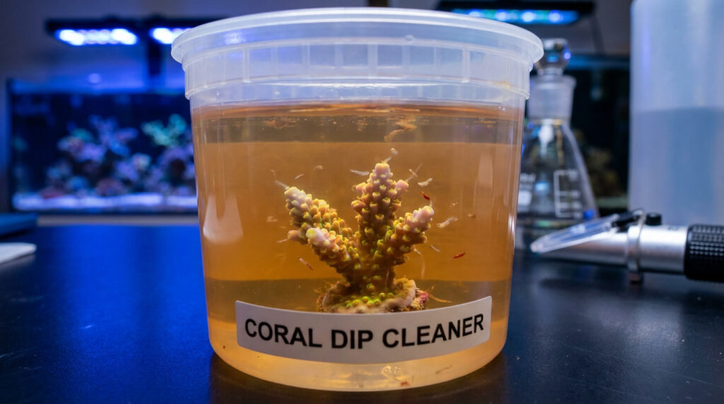 Coral frag being treated in a coral dipping solution.