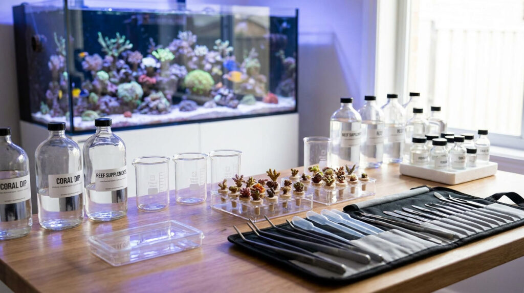 Common coral dip products and reef keeping tools used for coral inspection.
