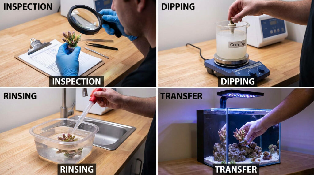 Step-by-step coral dipping process before adding corals into a reef aquarium.