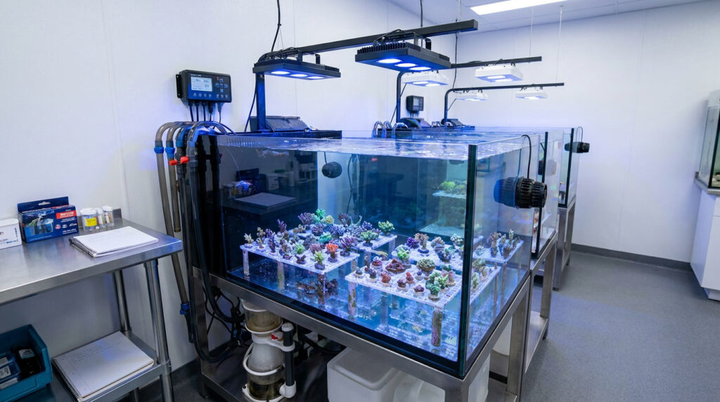 Coral quarantine tank used to observe new coral additions before display placement.